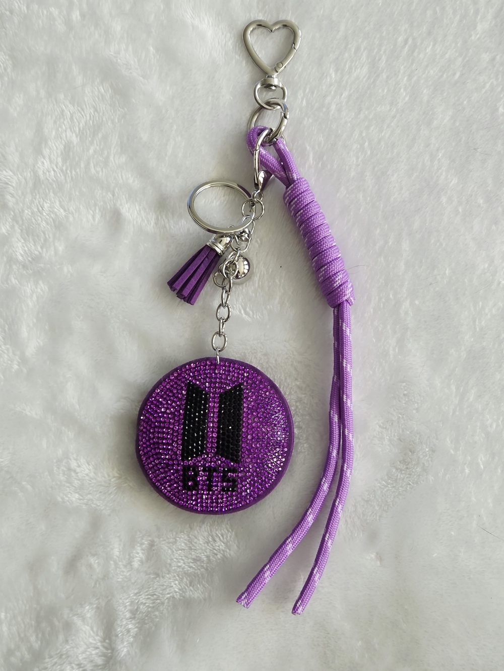 Purple Rhinestone With Tassel BTS Logo Keychain KPop Bag Charm